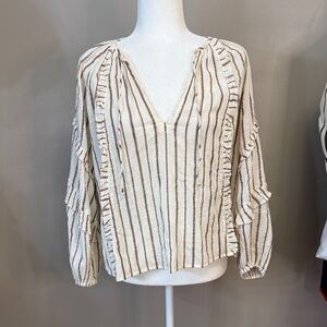 Ulla Johnson Cream and Brown Striped Ruffle Top